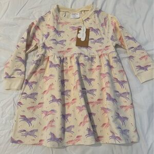 Organic cotton Angel Dear Cream Dress with Pink and Purple Unicorns